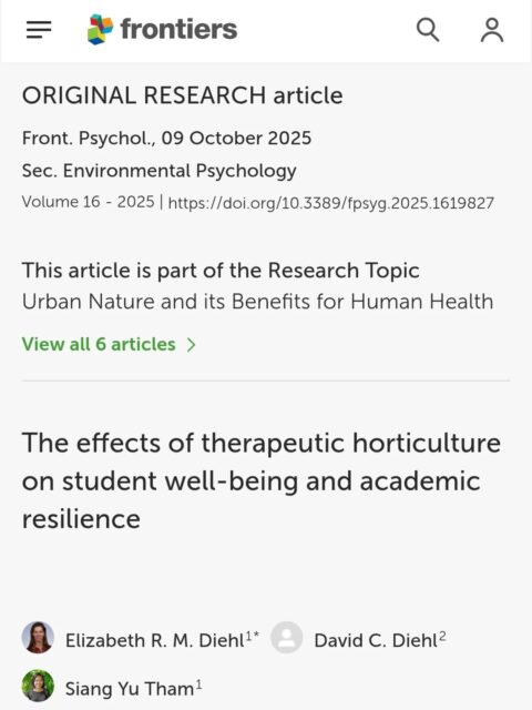 I'm delighted to share that our research on therapeutic horticulture and student wellbeing has been published! 
The study found that students who attended at least 8 weeks of therapeutic horticulture programming experienced significant reductions in stress and anxiety, as well as significant improvements in resilience and academic resilience.
Looking forward to introducing this to more educational institutions. Drop us an email if you want us to start a programme in your school!
#therapeutichorticulture #mentalhealth #mentalwellbeing